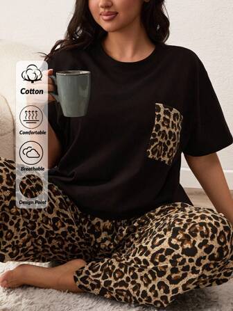 EURMUSE Women PLUS SIZE 2 Pcs Short Sleeve Top With Leopard Pattern Pocket And Leopard Pattern Pants Homewear Pajama Set Women S Pajama Loungewear Sets For Women Women Nighty Leopard Print Pajama Set Leopard Pajamas Women Leopard Pj Set Pajama Sets For Women Womens Leopard Print Pajamas