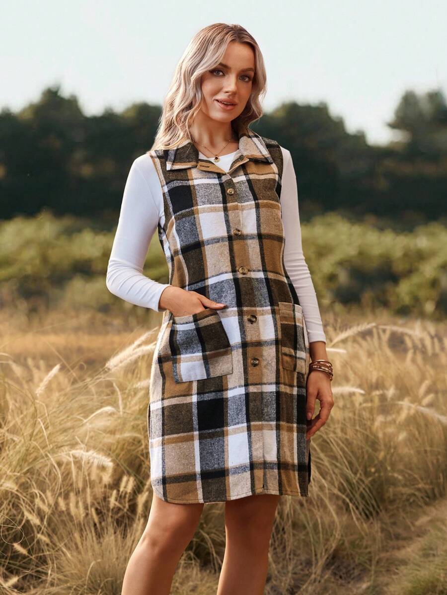 SHEIN Áo khoác len kẻ caro không tay cài nút phía trước cho bà bầu - Nhiều màu - Xem 1