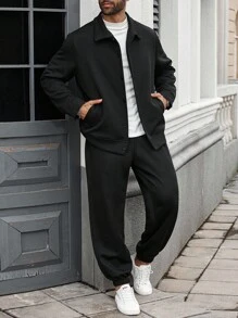 Manfinity Homme 2pcs Men Plus Size Casual Loose Fit Long Sleeve Jacket And Pants Set,Fall Clothes - Black - View 7