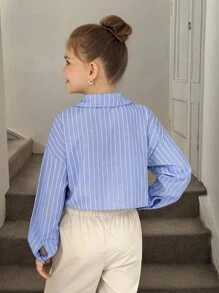 SHEIN Tween Girls Long Sleeve Blue Striped Loose Cropped Shirt - Blue - View 2