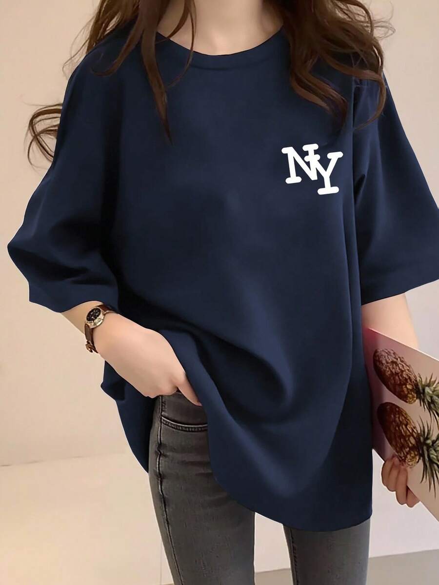 女式白色 NY 字母印花宽松圆领短袖 T 恤,休闲夏季上衣,优雅舒适的设计,适合休闲外出 - 藏蓝色 - 查看 1