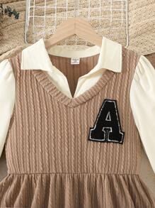 SHEIN Tween 女童休闲拼色拼布纹理面料字母贴花长袖连衣裙，秋季 - 卡其色 - 查看 5