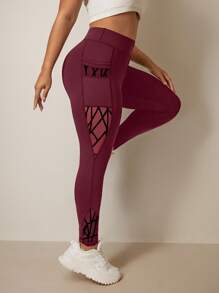 Easithlete 加大码不对称功能紧身裤，紧身提拉口袋网眼羊毛裤瑜伽女裤 - 中紫紅色 - 查看 5