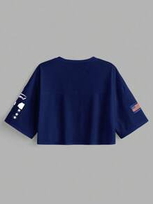 SHEIN EZwear 女士休闲V领宽松短款5/6袖网眼T恤，适合夏季运动，数字01印花 - 藏蓝色 - 查看 4