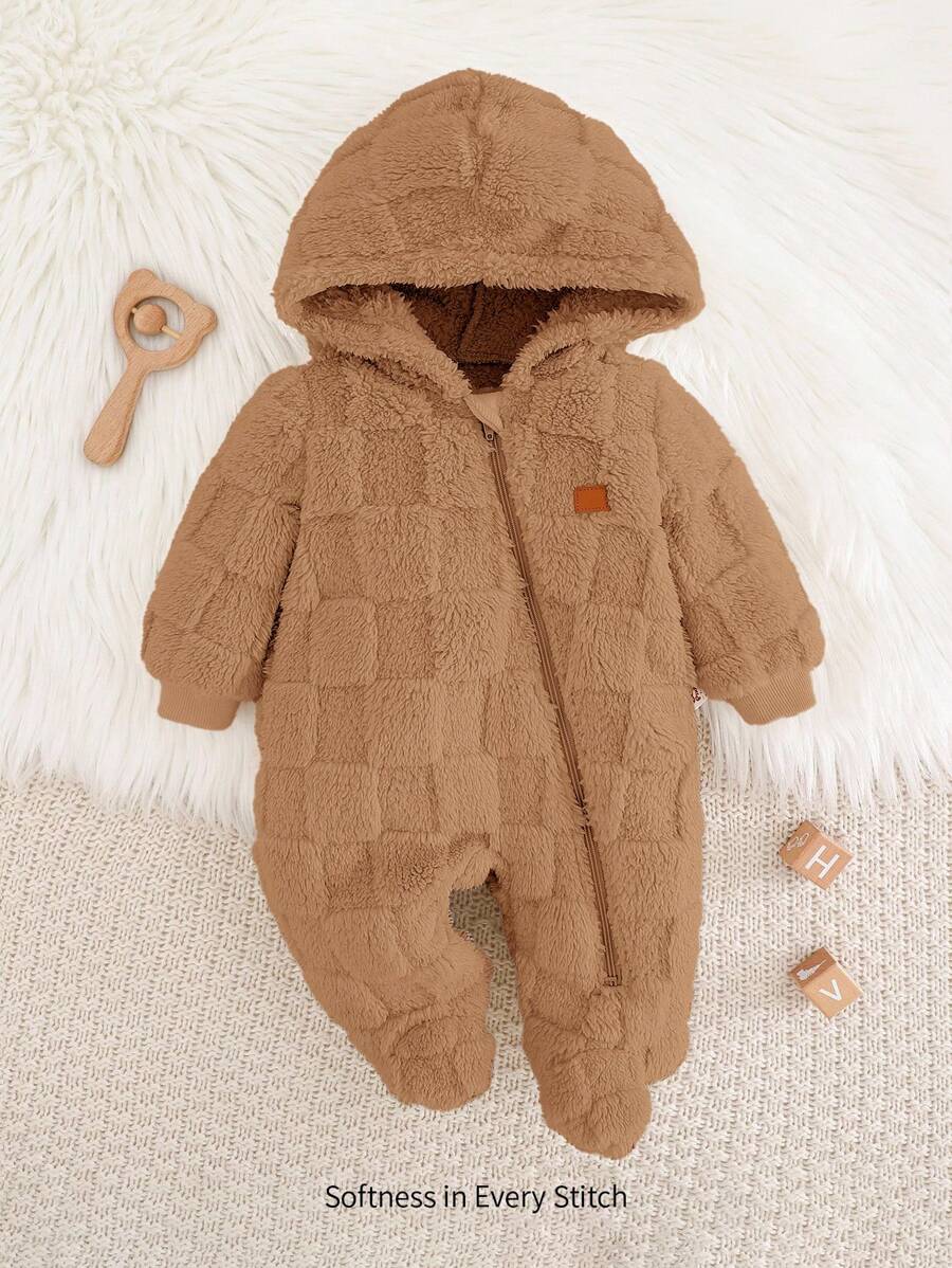 Cozy Pixies 新生男宝宝卡通熊图案连帽加厚连体衣,婴儿冬季连体衣,棕色婴儿服装,男宝宝保暖连体衣,秋季棕色男宝宝连体衣 - 彩色 - 查看 1