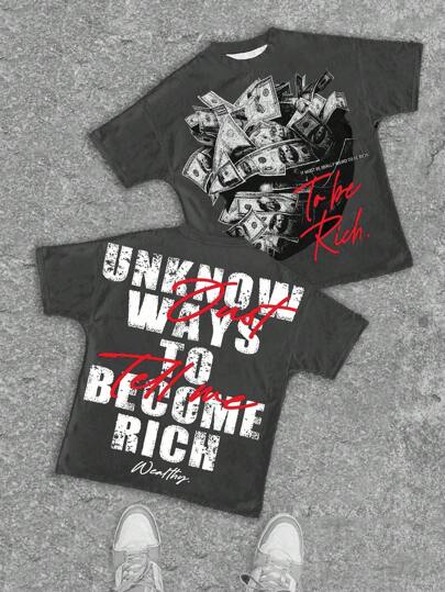 SHEIN Teen Boy Casual Fashionable Classic Cool Banknote Wrapped Face Portrait Graphic Tee, Classic Stylish Slogan Print Short Sleeve Round Neck T-Shirt, Suitable For Summer