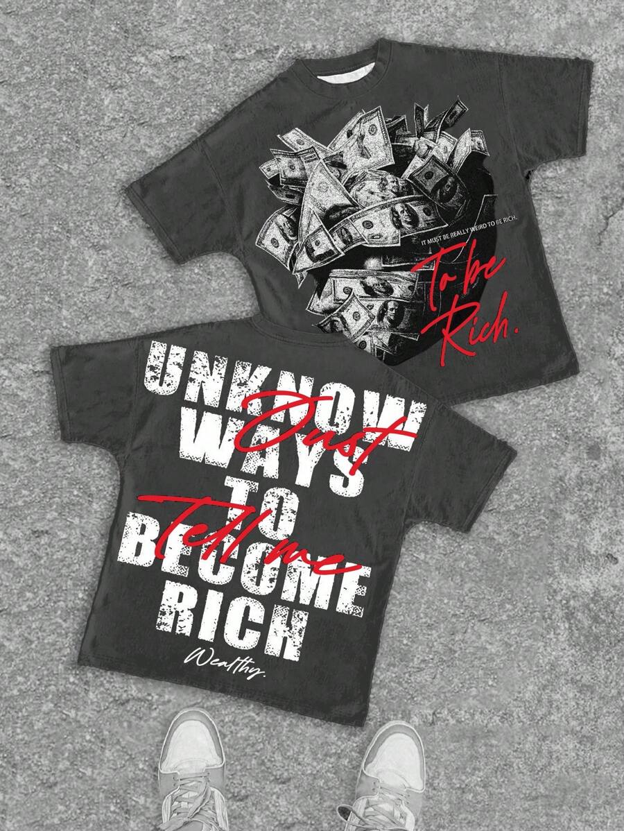 SHEIN 青少年男孩休闲时尚经典酷炫钞票裹脸肖像图案 T 恤，经典时尚标语印花短袖圆领 T 恤，适合夏季 - 彩色 - 查看 1