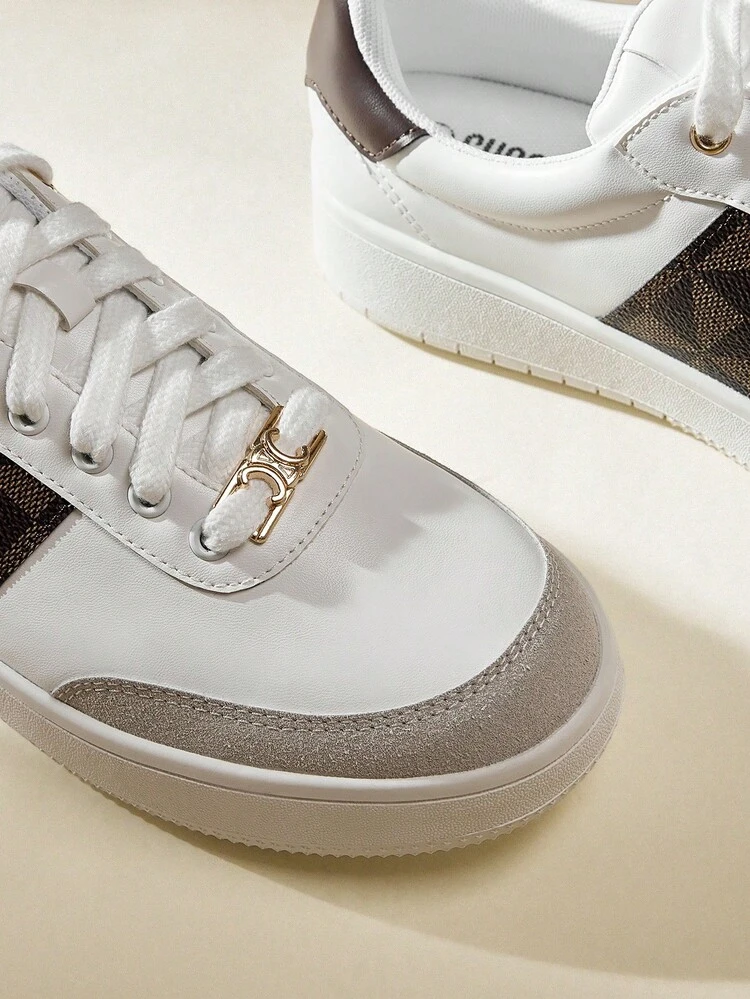 CUCCOO EASI Women's Round Toe Thick Flat Casual Sneakers, Patchwork Design, PU Leather, Brown, Suitable For Casual Wear And Outdoor