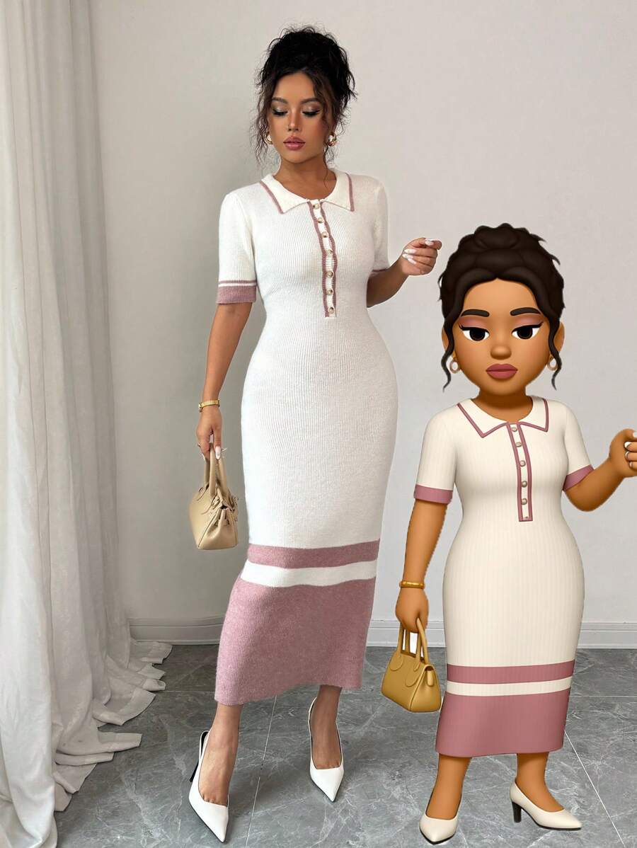 Elenzga Elegantes, simples enges Streifen-Jerseykleid mit Mock Neck, teilweise Knopfleiste vorne und kurzen Ärmeln