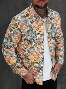 Manfinity CasualCool Men's Casual Jacquard Floral Woven Fabric Long Sleeve Shacket, Button Up, Boho , Fall - Multicolor - View 1