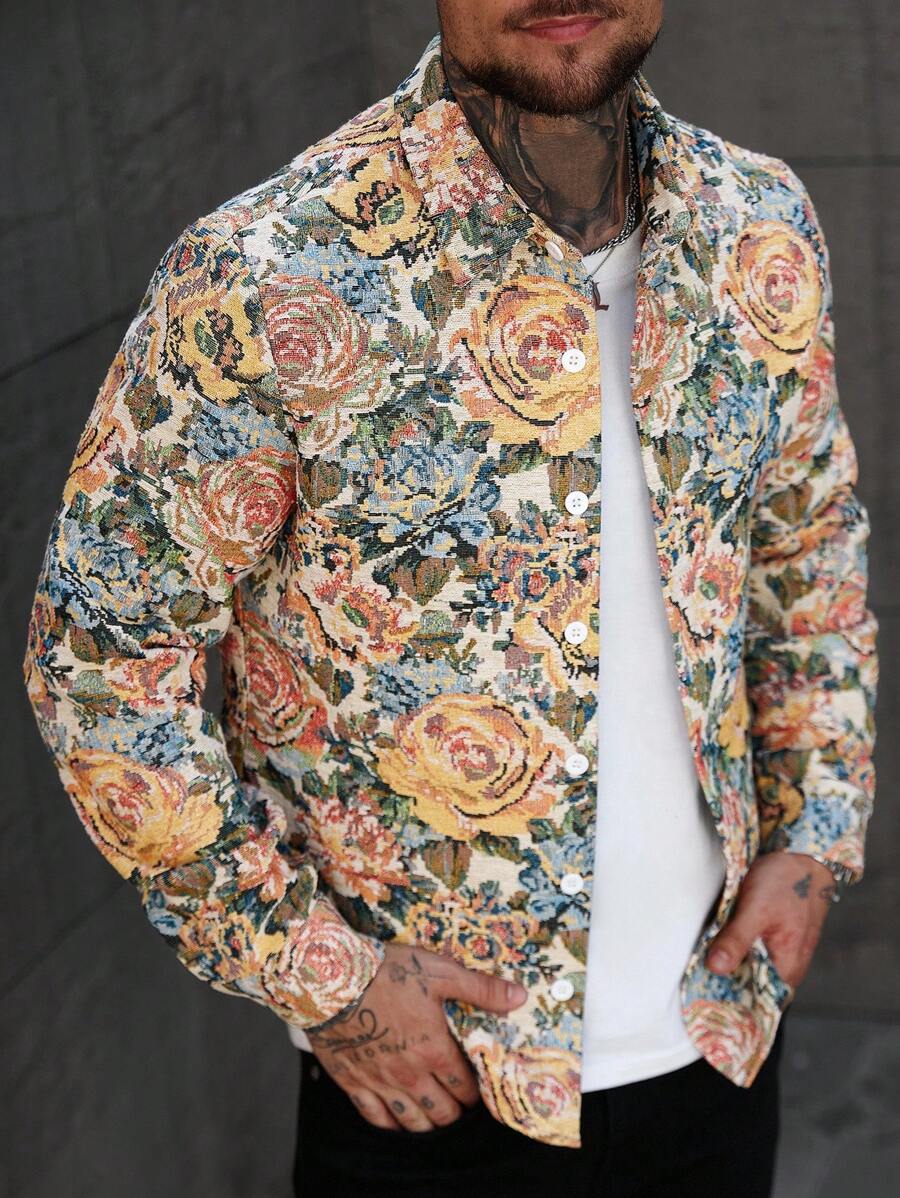 Manfinity CasualCool Men's Casual Jacquard Floral Woven Fabric Long Sleeve Shacket, Button Up, Boho , Fall - Multicolor - View 1