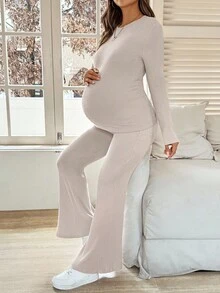 SHEIN 2 Pieces Maternity Apricot Solid Round Neck Raglan Sleeve Ribbed Casual Tops And Flared Pants Set Maternity Two Piece Set Ribbed Two Piece Set Autumn Women Clothing  Beige  Fall - Khaki - View 4