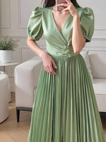 少女优雅纯色泡泡袖褶皱 A 字长裙，适合夏季生日派对 - 薄荷綠 - 查看 9