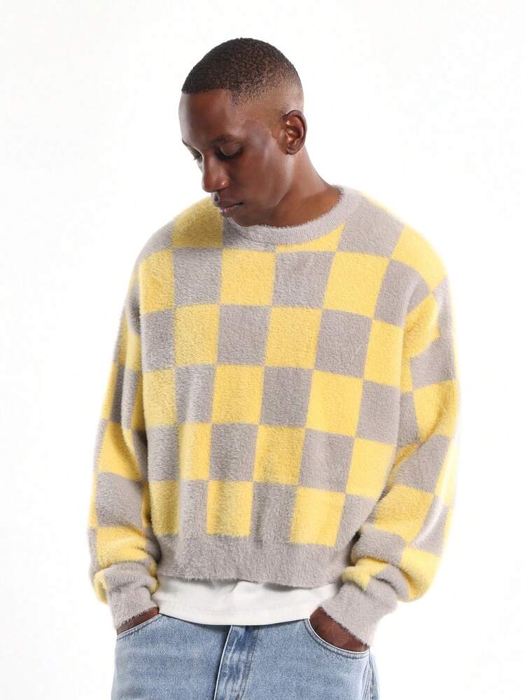 Fuzzy Knit Checker Board Sweater With Plush Texture