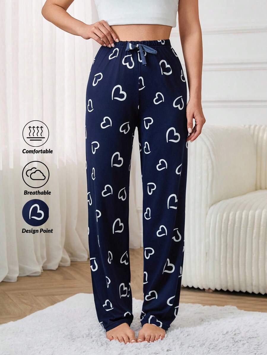EURMUSE 2pcs Contrast Colour Heart Pattern Homewear Sleep Bottoms Pajama Set