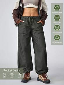 Pantalones vaqueros de pierna ancha con cintura con cordón y bolsillos para mujer, pantalones para exteriores para senderismo, protección solar, ligeros y de secado rápido con bolsillos para senderismo - Verde militar - Ver 1