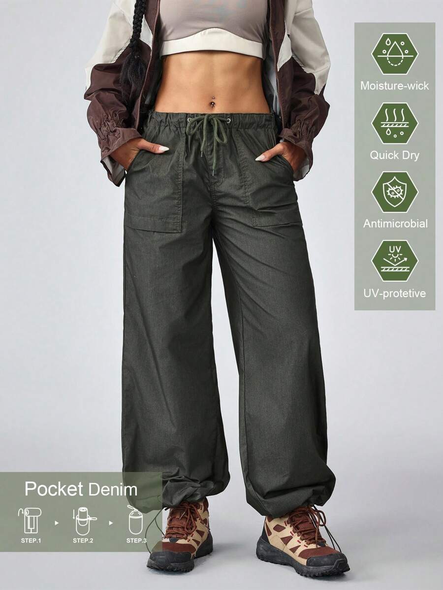 Pantalones vaqueros de pierna ancha con cintura con cordón y bolsillos para mujer, pantalones para exteriores para senderismo, protección solar, ligeros y de secado rápido con bolsillos para senderismo - Verde militar - Ver 1