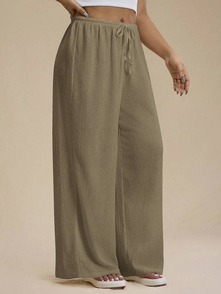 SHEIN Forever 21 Plus Size Women's Solid Color Tie Waist Wide Leg Loose Casual Pants - Khaki - View 7