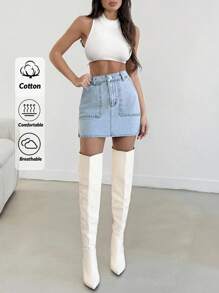 EURMUSE WOMEN CASUAL HIGH WAIST BLUE MINI DENIM SKIRT - Medium Wash - View 1