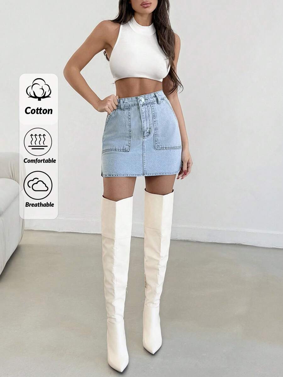 EURMUSE WOMEN CASUAL HIGH WAIST BLUE MINI DENIM SKIRT - Medium Wash - View 1