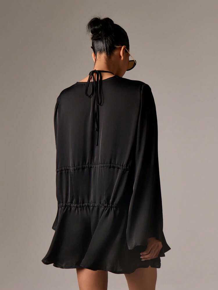 AiiRZ 長袖ミニドレス エンパイアウエスト ギャザー ティアードデザイン フェスティバル パーティー クラブ 秋冬ファッション ディープVネック フローイング エレガントショートドレス