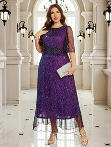 Gownix Vestido suelto de mujer de talla grande con cuello redondo, manga corta, plisado, lentejuelas y lámina de color púrpura, elegante y de moda para fiestas - Morado - Ver 5