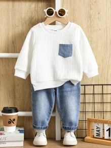 SHEIN 2pcs/Set Baby Boy/Girl Casual White Sweatshirt And Blue Denim Long Pants Tracksuit, Unisex Baby Clothes For Autumn/Winter Baby Boy Jeans Outfit Baby Boy Clothes Long Sleeve Baby Boy Casual Set Fall - Multicolor - View 4