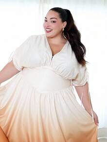 Pretty and Ole 女士加大码优雅渐变印花系带蝴蝶结 V 领 A 字长裙，百搭设计，适合外出、海滩、音乐节、春夏季 - 彩色 - 查看 6