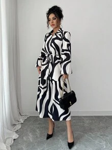 Elenzga Elegant Wavy Print Pocket Tie-Waist Midi Shirt Dress For Women