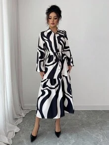 Elenzga Elegant Wavy Print Pocket Tie-Waist Midi Shirt Dress For Women