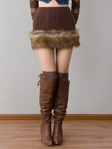 ROMWE J-Fashion Minifalda de suéter con parches de punto trenzado, borde esponjoso y versátil estilo Y2K