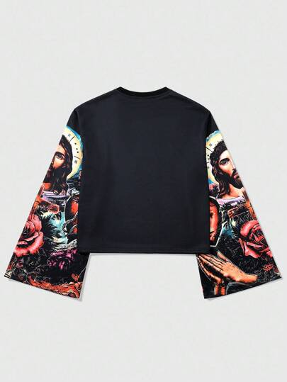 Street Life Men's Religious Print Long Sleeve Shirt, Striking Graphic Design, Comfortable Fabric Suitable For Everyday Wear And Music Festivals