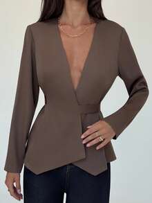 Aloruh Women's Fashionable Solid Color Deep V Neck Blazer In Fall/Winter - Brown - View 8