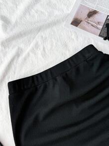 青少年女孩高腰褶裥开衩下摆罗纹针织裙 - 黑色 - 查看 4