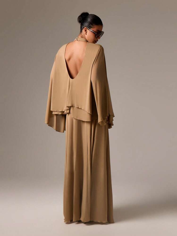 High Neck Ruched Maxi Set With Bell Sleeves