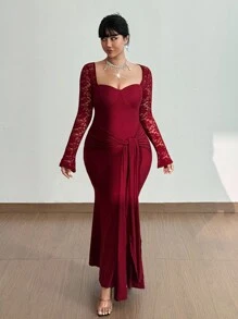 Viva Relle Plus Size Women's Burgundy Autumn Elegant Formal Wedding Guest Cocktail Gown,Vintage Lace Patchwork Long Sleeve Ruched Hip Flowy Fitted Party Dress - Burgundy - View 3