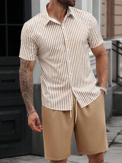 Manfinity Homme 大码男士条纹短袖单排扣衬衫和抽绳腰短裤休闲西装