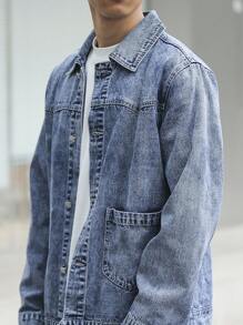 Manfinity Homme Plus Size Men's Long Sleeve Casual Light Blue Snow-Washed Denim Jacket , Fall - Blue - View 6