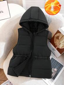 SHEIN 青少年女孩休闲百搭绗缝加厚连帽束腰加厚背心，秋冬秋季 - 黑色 - 查看 3