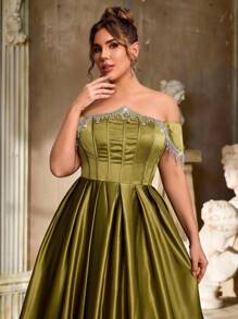 Aureia Gaun Malam Formal Elegan Musim Semi Warna Hijau Zaitun Ukuran Besar, Gaun Pesta Pernikahan Model A-Line Berlipit dengan Desain Rumbai Rantai Berlian Satu Bahu - Dark Green - View 5