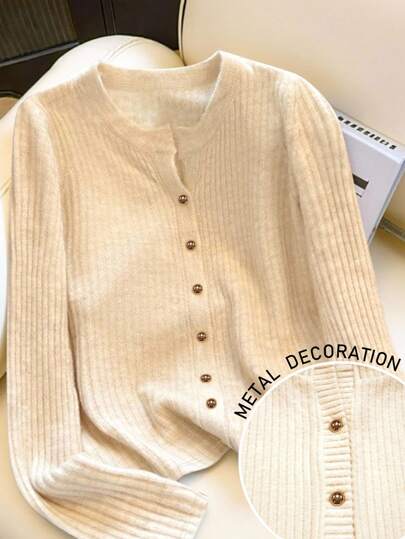 Resyla Women's Round Neck Long Sleeve Metallic Mushroom Button Decor Knitted Cardigan, Autumn/Winter Fall Cloth For Women