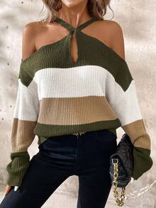 SHEIN Clasi Women's Loose Fit Contrast Stripe Long Sleeve Cowl Neck Sweater Autumn Winter Clothes For Women