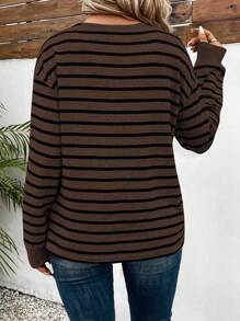 SHEIN Women's Striped Pattern Print Crew Neck Long Sleeve Casual Versatile Plus Size T-Shirt, Autumn/Winter Fall Cloth For Women - Multicolor - View 2