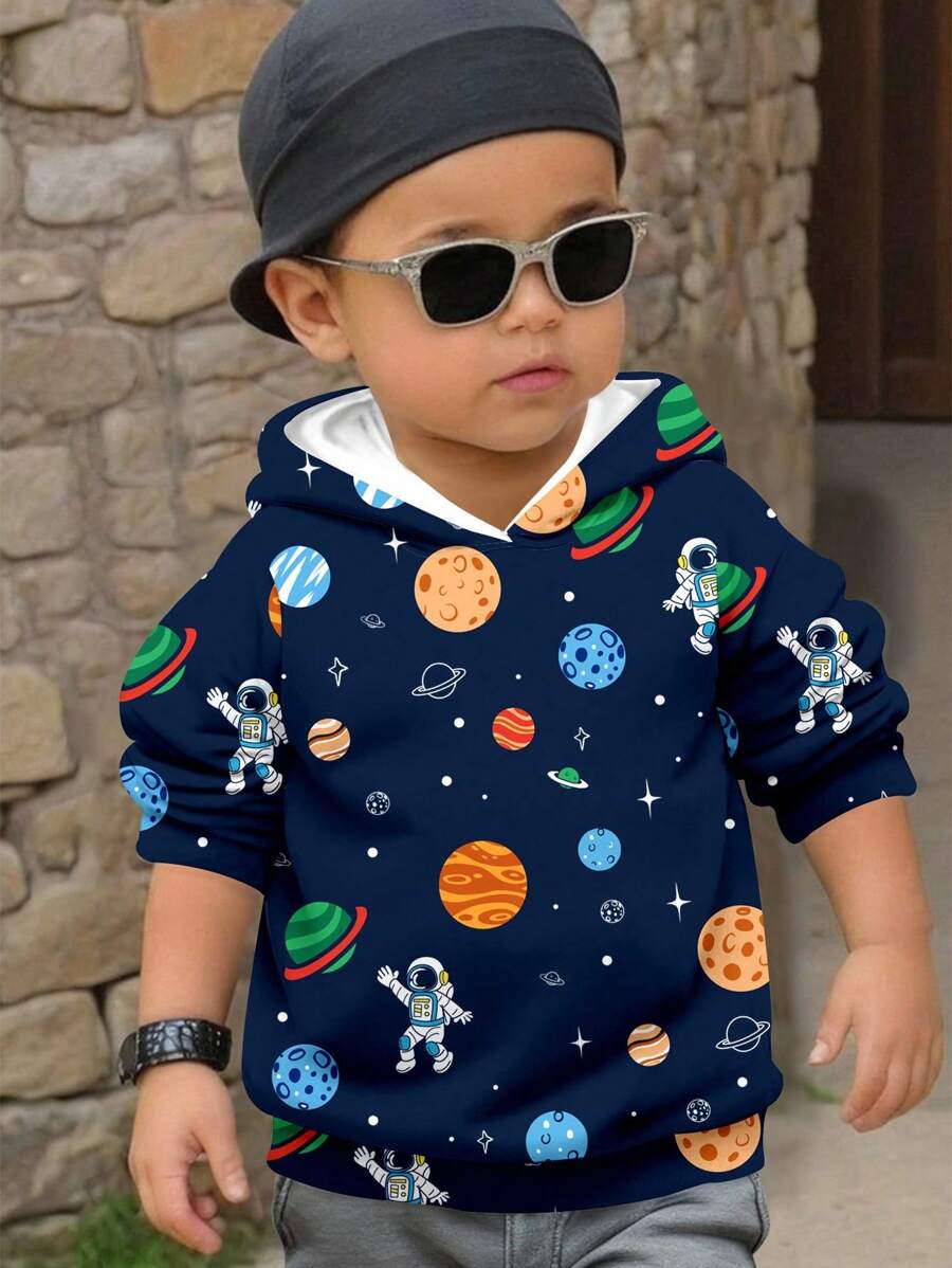 SHEIN 男童休闲宽松舒适日常时尚酷炫卡通宇航员探索太空、金星、土星、流星印花针织长袖运动衫,适合秋冬季、返校季 - 彩色 - 查看 1