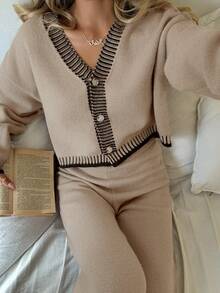 SHEIN 青少年女孩 2 件套纯色拼布前扣长袖休闲毛衣和裤子套装，简约时尚休闲日常穿着，返校装，适合秋冬季