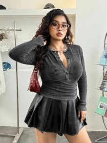 GalTyme 大码女式复古做旧酸洗圆领半拉链长袖T恤，秋冬