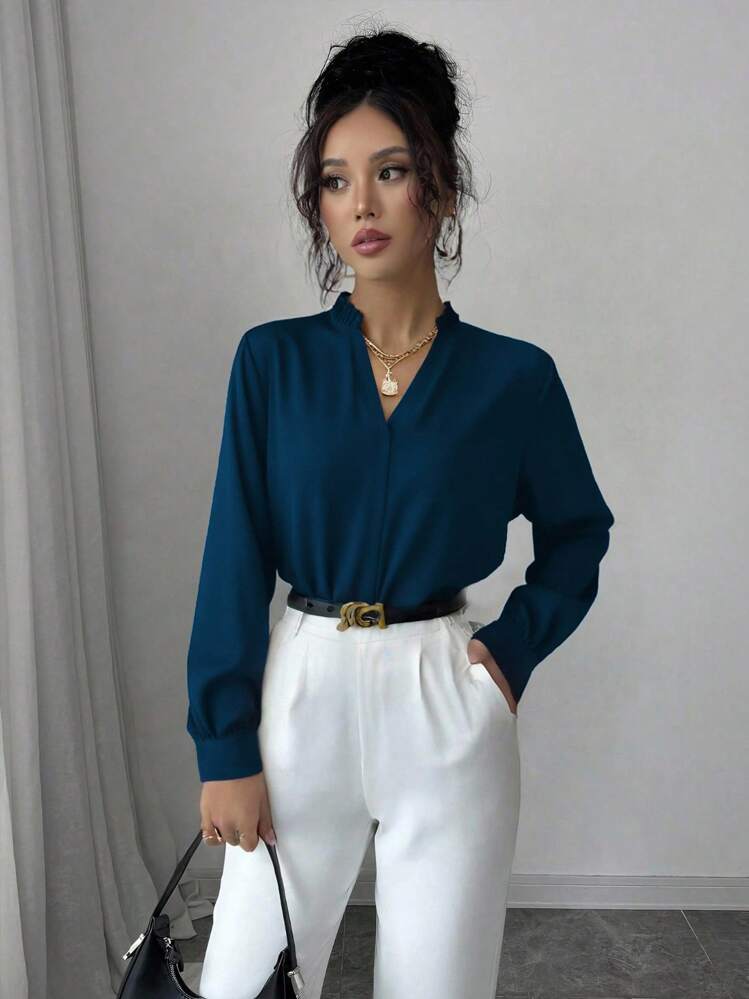 Elenzga Solid Notched Neck Shirt,Long Sleeve Tops Fall Cloth For Women - Teal Blue - View 1