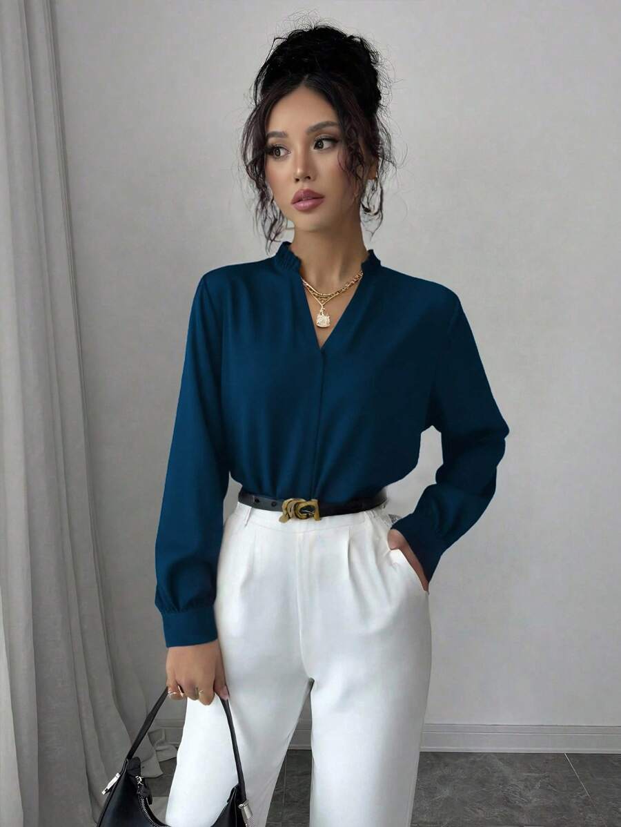 Elenzga Solid Notched Neck Shirt,Long Sleeve Tops Fall Cloth For Women - Teal Blue - View 1