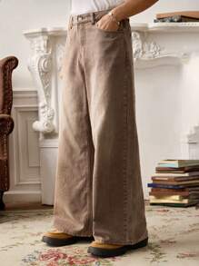 SWAVVY 男士休闲梭织纯色直筒宽松裤 - 卡其色 - 查看 2