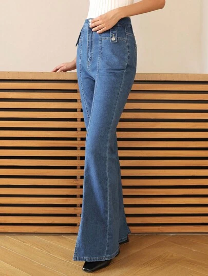 K-Vae 女士牛仔蓝色秋季返校喇叭牛仔裤、韩式牛仔裤、机场牛仔裤、教师牛仔裤